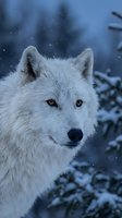 White wolf portrait in snowy winter forest with falling snowflakes and evergreen trees in background creating atmospheric wildlife scene.