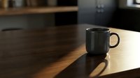 Black ceramic mug on wooden desk with sunlight casting shadow, suitable for beverage, coffee shop, and workspace mockup designs.