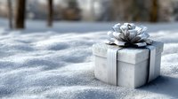 Silver gift box with metallic bow sitting in pristine snow during winter season for holiday celebrations and festive occasions.