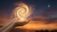 Human hands holding glowing spiral energy vortex against twilight sky with crescent moon and stars for spiritual healing meditation concepts.