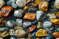 Colorful wet river rocks and pebbles background with natural sunlight creating glossy reflections. Perfect for wellness, spa, or meditation designs.