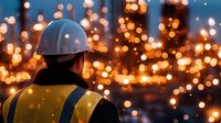 Construction worker in safety helmet observing illuminated industrial facility at night with bokeh lights creating atmospheric workplace scene.