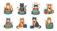 Cartoon cats celebrating new year 2027 with gifts and festive decorations, isolated clipart elements ready for greeting cards, invitations, and holiday design projects.
