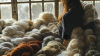 Young Asian woman surrounded by natural wool roving in earth tones near sunlit window, preparing fiber for textile art and handcraft spinning process.