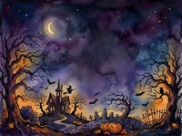 Spooky Halloween night scene with haunted house, bare trees, flying bats, jack-o-lanterns and crescent moon under starry purple sky for seasonal decorations.