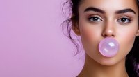 Young Hispanic woman blowing pink bubble gum bubble against pink background, wearing natural makeup with defined eyebrows and glowing skin, modern beauty portrait.