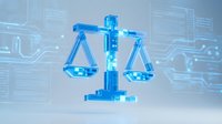 Digital justice scales with circuit board background representing legal technology and cyber law enforcement in modern judicial systems.