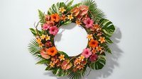 Tropical flower wreath with vibrant hibiscus blooms and lush palm leaves on white background. Colorful summer decoration for home decor and seasonal celebrations.