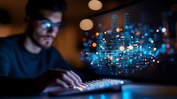 Young male programmer working at night with glowing holographic city visualization floating above keyboard, representing digital transformation and smart technology advancement.