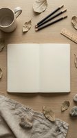 Open notebook with blank pages surrounded by autumn leaves, pencils, coffee cup and natural materials on wooden desk for creative writing and planning.