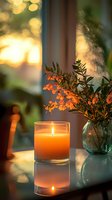 Glowing orange candle with reflection on glass table, alongside vase with orange berries and greenery, creating warm atmospheric evening ambiance.