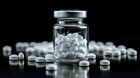 Glass jar filled with white round pills on dark reflective surface, scattered medication tablets create dramatic pharmaceutical composition with selective focus.
