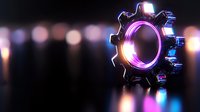 Glowing neon gear wheel with purple and blue light effects on dark background with bokeh lights creates futuristic industrial atmosphere.