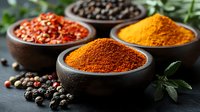 Vibrant ground spices in rustic bowls featuring red chili, turmeric, and black peppercorns with fresh herbs on dark stone background for cooking and seasoning.