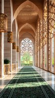 Elegant mosque corridor with ornate arched windows, decorative lanterns, and green prayer carpet. Sunlight creates dramatic shadows through geometric patterns on marble floor.