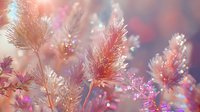 Macro shot of delicate wildflowers with dewdrops glistening in soft morning light, featuring pink and coral tones with blurred background for botanical and nature designs.