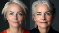 Aging process comparison showing mature Caucasian woman with platinum blonde hair, natural makeup and confident smile against dark background, before and after portrait.