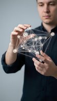 Male professional holding digital network visualization with connected nodes and lines representing data connectivity, technology infrastructure, and business communication solutions.