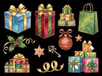 Festive gift boxes, shopping bag, and holiday decorations isolated on transparent background, ready for t-shirt designs, clipart, stickers, sublimation, and print-on-demand projects.