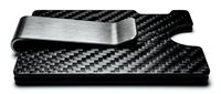 Carbon fiber slim wallet with metal money clip, minimalist design for modern men, isolated on white background for product presentation.
