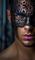 Close-up portrait of African American male model wearing intricate black lace mask with bright blue eye and pink lips against dark background. Dramatic fashion concept.