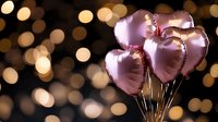Pink heart-shaped foil balloons floating against dark background with golden bokeh lights creating romantic festive atmosphere for celebration or Valentine's day.