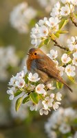 Small robin bird perched on blooming cherry tree branch with white flowers in spring garden. Nature wildlife photography for seasonal greeting cards.