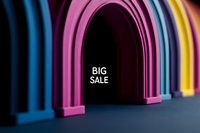 Colorful neon archway tunnel with big sale text for retail marketing campaigns and promotional advertising materials.