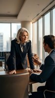Senior woman with gray hair and Caucasian ethnicity, wearing dark business blazer, engaged in professional discussion with male colleague in modern high-rise office setting with city skyline views, suitable for corporate, leadership, and business communication concepts.