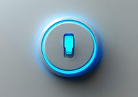 Glowing blue power button on gray surface with illuminated ring, modern technology interface for electronic devices and smart home systems.