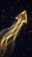 Glowing golden arrow pointing upward made of sparkling particles and light trails on dark background, symbolizing growth, success, and positive business momentum.