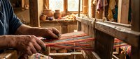 Skilled artisan hands weaving colorful threads on a traditional wooden loom in a rustic workshop, showcasing handcraft textile heritage.