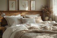 Cozy bedroom interior with unmade bed, wooden headboard, botanical prints, and natural textured bedding in neutral beige and cream tones, soft morning light.