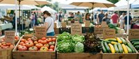 Farmer's market stand displaying fresh organic produce including tomatoes, lettuce, zucchini and leafy greens in wooden crates with price signs, ideal for food, agriculture and farmers market content.