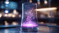 Magical glowing particles floating in glass container with purple and pink sparkles against dark blurred background, mystical science concept.