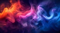 Vibrant colorful smoke abstract with gradient from hot orange and red to cool blue, flowing dynamic motion against dark background creates mystical atmosphere.