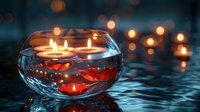 Romantic glass bowl with floating candles and red rose petals creates warm ambiance with bokeh lights reflecting on water surface for spa relaxation.