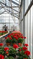 Red geranium flowers growing in terracotta pots inside modern greenhouse with glass walls and metal framework for commercial plant cultivation and gardening.