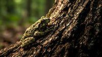 Moss growing on textured tree bark in natural forest environment with soft green bokeh background creating peaceful woodland atmosphere.