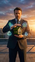 Middle-aged male professional in business suit holding eco-friendly house model with glowing sustainability icons including leaf, gear, recycling symbol, water drop, and home symbol against sunset cityscape backdrop.