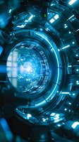 Futuristic circular tunnel with glowing blue technological elements and central light burst, creating depth through geometric patterns and illuminated panels.