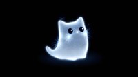 Glowing ghost cat character with cute round eyes and ethereal blue aura floating on dark background, spooky kawaii style design for Halloween and gaming projects.