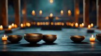 Tibetan singing bowls arranged on wooden surface with warm candlelight creating peaceful meditation atmosphere for wellness and spiritual practices.