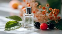 Small glass perfume bottle with fresh berries and delicate orange flowers on white surface, creating natural fragrance concept for cosmetic industry.