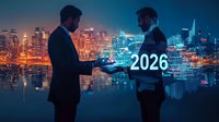 Futuristic business concept showing two businessmen discussing digital transformation with holographic 2026 projection against illuminated night cityscape.