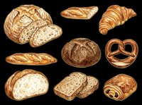 Watercolor bakery bread set isolated on transparent background, featuring loaves, baguette, croissant, pretzel, and pastry. Ready for clipart, stickers, t-shirt design, print on demand.