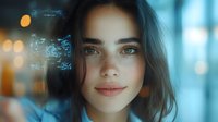 Young woman with gentle smile and dark hair against blurred city lights background in blue tones creates dreamy atmospheric portrait with bokeh effect.