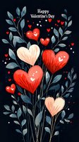 Romantic floral composition with red and pink heart-shaped flowers, blue leaves on dark background. Decorative Valentine's Day greeting card design with love symbols.