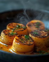 Seared sea scallops with herbs in butter sauce, steam rising from caramelized tops, garnished with fresh parsley on dark plate, dramatic food photography.