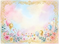 Pastel watercolor celebration frame with gold ornamental border, colorful balloons, flowers, and bunting garland on isolated white background for greeting cards and invitations.